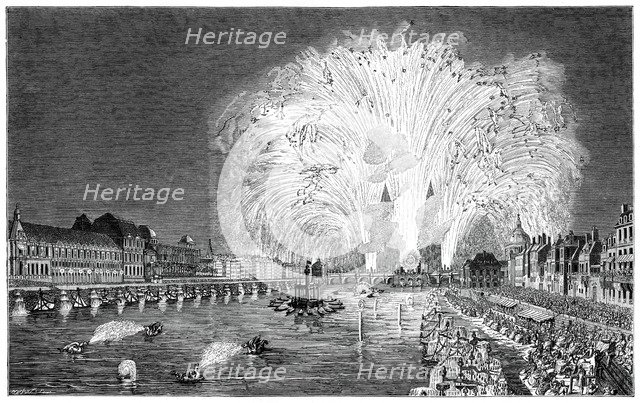Fireworks On The Bridge, Paris, 1754, (1885). Artist: Unknown