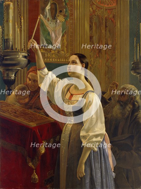 A girl placed a candle before the icon, 1842. Artist: Mikhaylov, Grigori Karpovich (1814-1867)