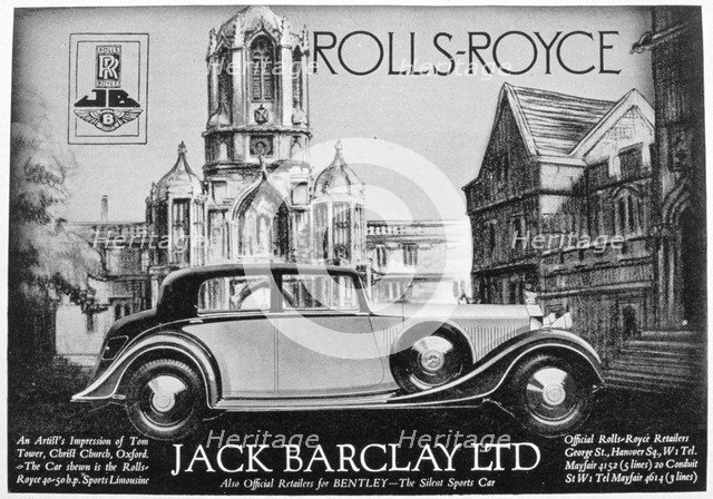 Advertisement for Jack Barclay Ltd, Rolls-Royce and Bentley dealers, 1935. Artist: Unknown