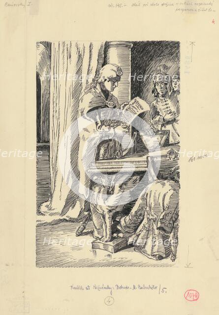 28.-He stood at the table holding an unrolled parchment in his hands and reading it, 1953. Creator: Andrej Kovacik.