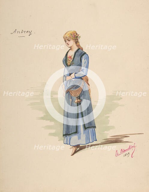 Costume Design for "Andrey" [a]; Descriptive sheet of Accessories [b], 1889. Creator: Charles Bianchini.