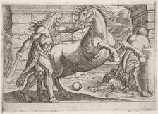Hercules and the Mares of Diomedes: Hercules grasps the bridle of a rearing horse, a secon..., 1608. Creator: Antonio Tempesta.