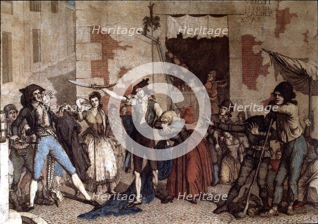 Anonimous engraving of the 18th century with the final scene of the play 'Manolo', one-act comedy…