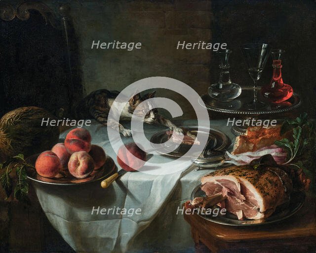 Still Life of the Remnants of a Meal with a Lunging Cat, c1725-1730. Creator: Desportes, Alexandre François (1661-1743).