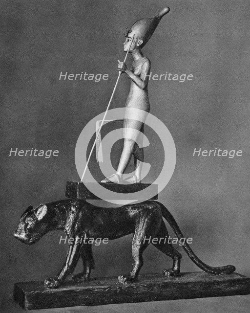 King Tutankhamen (c1341 BC-c1323 BC) on a black leopard, 1936. Artist: Unknown