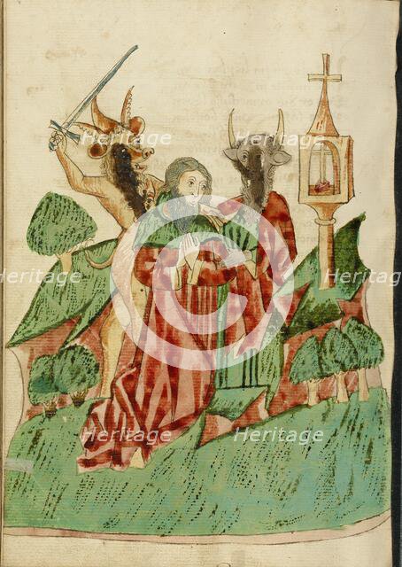 Josaphat Attacked by Two Demons; Barlaam und Josaphat, 1469. Creators: Hans Schilling, Diebolt Lauber.