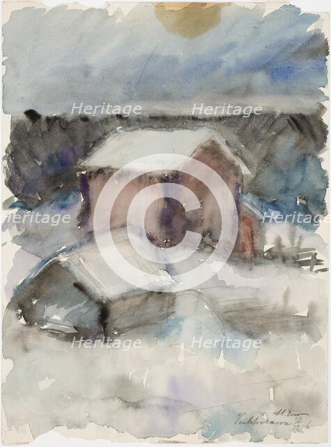 Winter scene, buildings in the snow, 1916. Creator: Henry Ericsson.