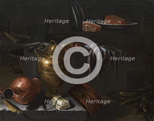 Kitchen interior with copper dishes, octopus and onions on a stone ledge, 1670s. Creator: Recco, Giuseppe (1634-1695).