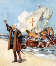 Christopher Columbus landing in America, 1492, (c1920). Artist: Unknown