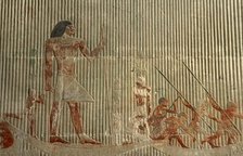 Relief detail  of hunting scene before Ti standing on a ship, Mastaba of Ti, Egypt,  2003. Creator: Unknown.