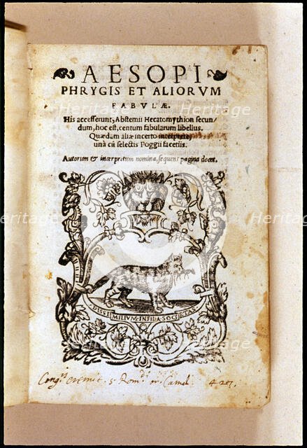 Cover of 'Aesopi phyrgis et alorium' by Aesop, 1539.  Creator: Aesop. 6th-7th century b.C..