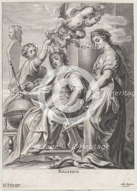 Allegory of Good Government, seated at center and being crowned by a putto and a wo..., ca. 1640-74. Creator: Pieter de Jode II.