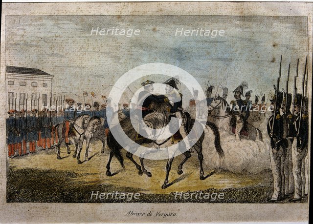 First Carlist War, hug of Vergara, Generals Maroto and Cabrera embrace each other, 1839, colored …