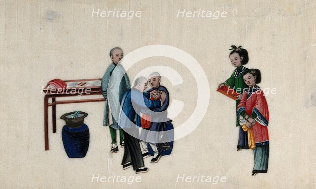 Chinese birth customs: a baby's head is shaved as part of the one month celebration..., 1800. Creator: Unknown.