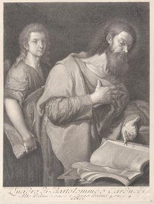 Saint Matthew, standing before a book at right with a hand on his chest, another man be..., 1750-84. Creators: Carlo Faucci, Giuseppe Magni.