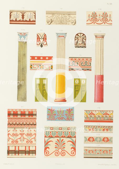 Colonnes, pilastre, ornements, portes, cymaises, antéfixe et fragments de Pompéi, de la..., 1851. Creator: Franz Kellerhoven.