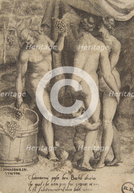 Bacchus giving grapes to women, from 'The Loves of the Gods', 1531-60. Creator: Giulio Bonasone.