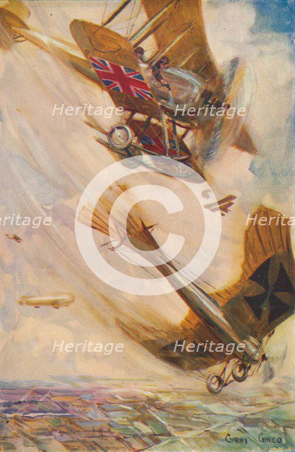 'A British Biplane Bringing Down a German Taube', c1916 (1928). Artist: Cyrus Cuneo.