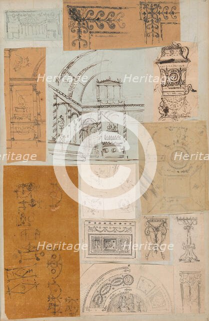 Page from a Scrapbook containing Drawings and Several Prints of Architecture, Int..., ca. 1800-1850. Creators: Workshop of Charles Percier, Workshop of Pierre François Léonard Fontaine.