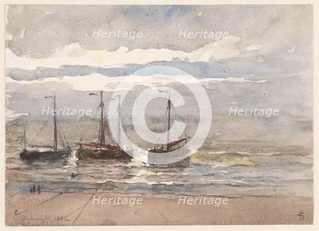 Fishing boats on the beach of Katwijk at rising tide, 1882. Creator: Carel Nicolaas Storm.