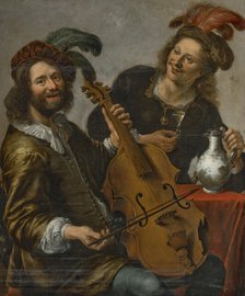 Viola da gamba player being offered a glass of wine by a young man. Creator: Stangerus, Cornelis (1616-1667).