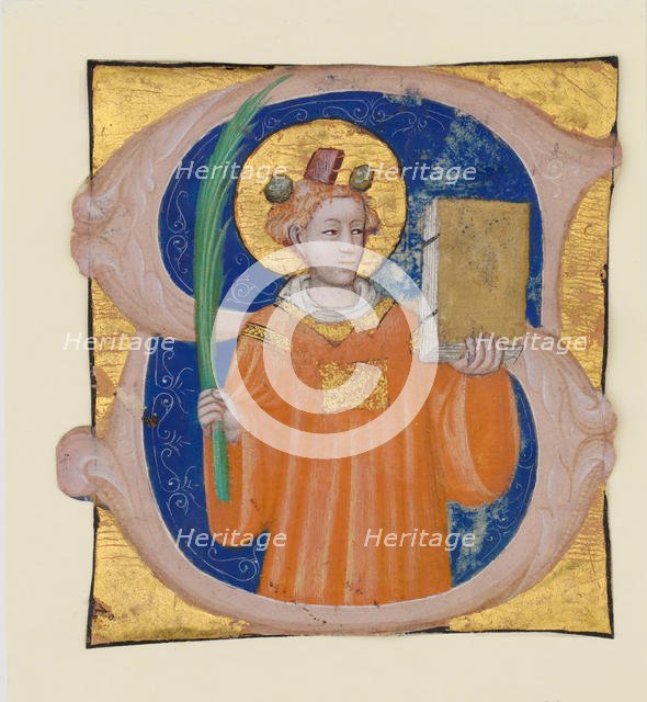 Manuscript Illumination with Saint Stephen in an Initial S, from an Antiphonary, ca. 1410-20. Creator: Master of the Brussels Initials.