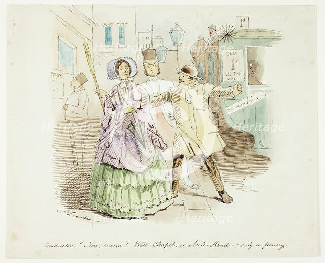 Conductor, 'Now Marm! Wite-Chapel or Mile Hend - only a penny', 1837-1864.  Creator: John Leech.