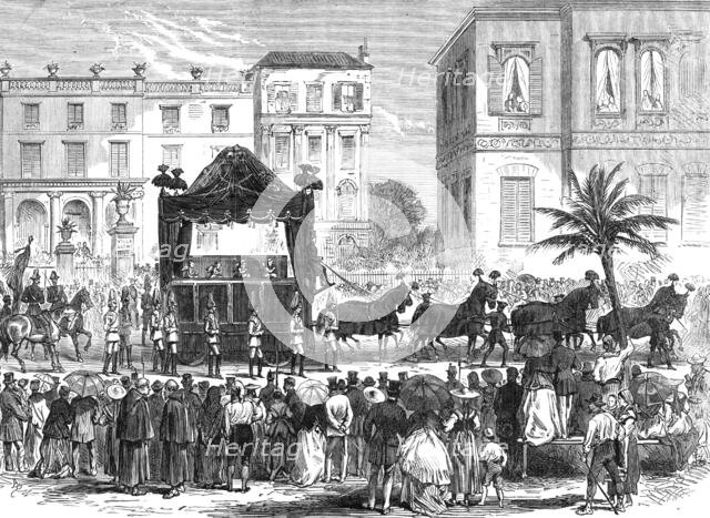 Funeral Procession of the late King of Bavaria at Nice: the cortége leaving the Villa Lions, 1868. Creator: Unknown.