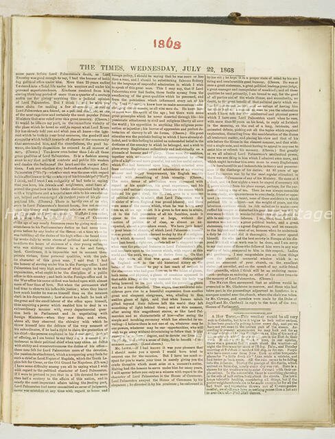 Untitled [cuttings from "The Times" newspaper], 22 July 1868.  Creator: Georgina Cowper.