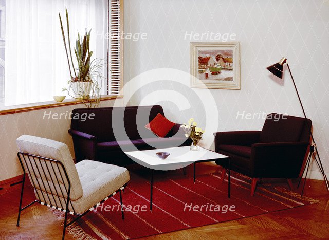 Living room in an ordinary Swedish flat, 1950s Artist: Göran Algård