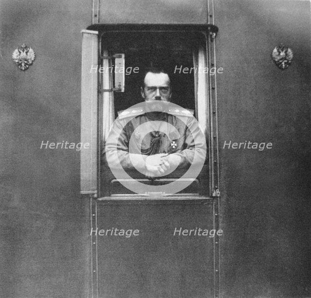 Emperor Nicholas II at window of the own railroad car, 1917. Artist: Anonymous  