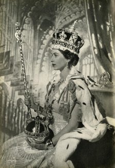 Queen Elizabeth II with crown, orb and sceptre, 2 June 1953, (1962).  Creator: Unknown.