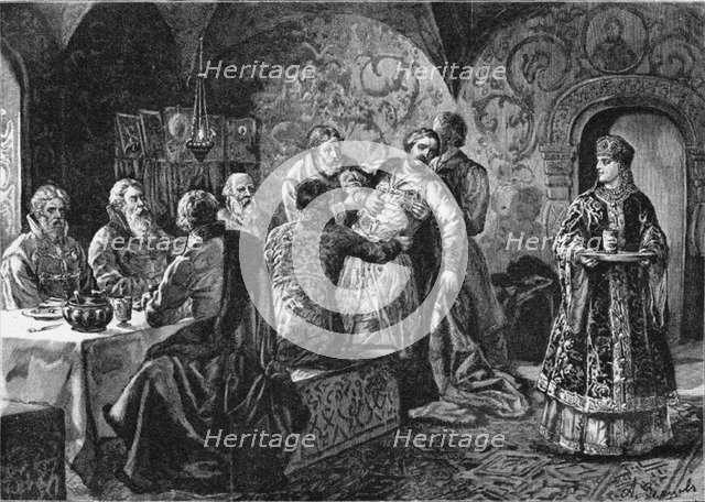 Prince Mikhail Vasiliyevich Skopin-Shuisky at the Feast of Count Vorotynsky. Artist: Zemtsov, Alexander Efimovich (1856-1896)