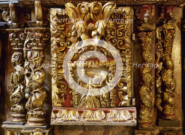 Altarpiece with detail of the Good Shepherd, Sanctuary, San Andres de Teixido, Galicia, Spain, 2000. Creator: Miguel López de la Peña.