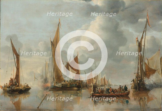 The Home Fleet Saluting the State Barge, 1650. Creator: Jan van de Cappelle.