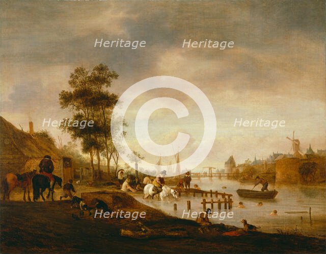 River Landscape with Swimmers, 1644. Creator: Isaac van Ostade.