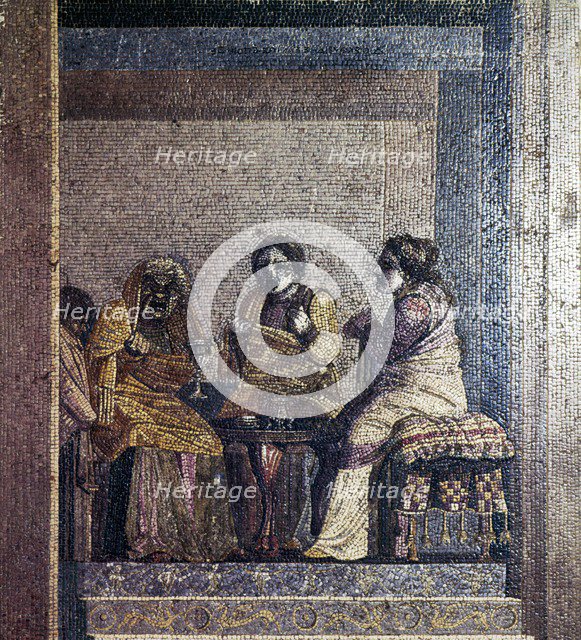 Roman mosaic of Scene from play with masked actors, Villa of Cicero, Pompeii,  c2nd century BC. Creator: Dioscurides of Samos.