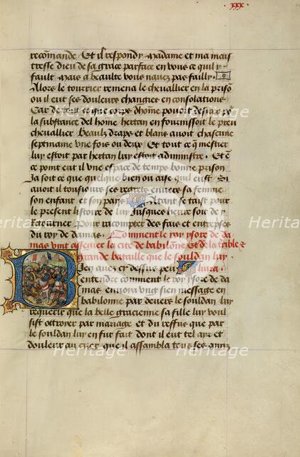 Initial B: A Battle before the Walls of Cairo; Roman de Gillion de Trazegnies, 1464. Creators: Lieven van Lathem, David Aubert.