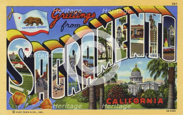'Greetings from Sacramento, California', postcard, 1943. Artist: Unknown