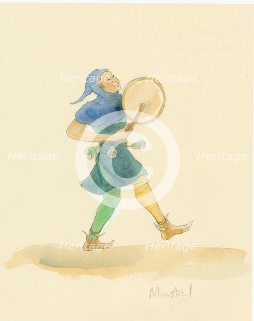 A medieval minstrel playing a percussion instrument, possibly a tabor, 2004. Creator: Judith Dobie.