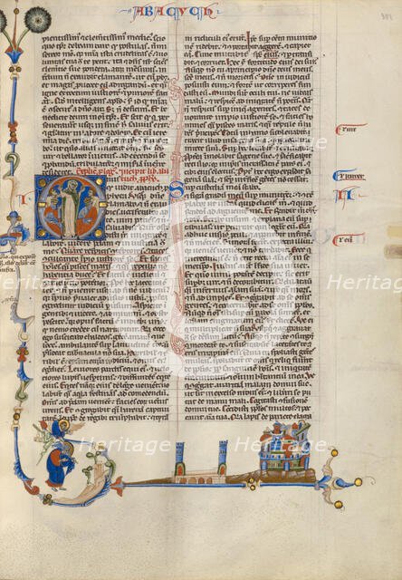 Initial O: A Woman Expostulating with Two Kings and Two Youths; Abbey Bible, about 1250-1262. Creator: Unknown.