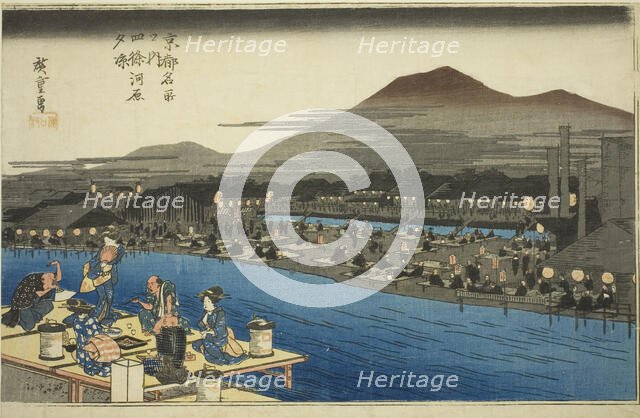 Enjoying the Evening Cool on the Riverbed at Shijo (Shijogawara yusuzumi), from the..., c. 1834. Creator: Ando Hiroshige.