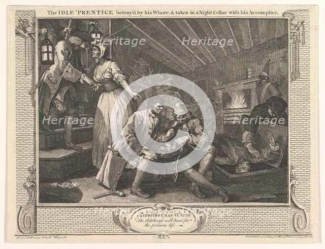 The Idle 'Prentice Betrayed by his Whore and Taken in a Night Cellar with hi..., September 30, 1747. Creator: William Hogarth.