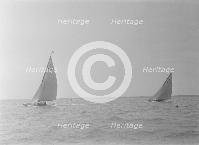 The 6 Metre Class 'Marion' and 'Victoria' racing close-hauled. Creator: Kirk & Sons of Cowes.