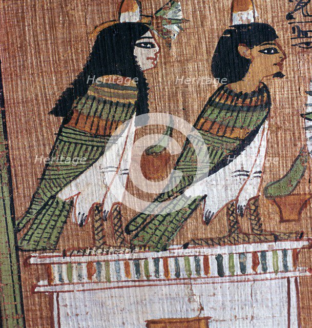 Egyptian papyrus depicting two 'soul-birds' (Bas), 13th century BC. Artist: Unknown