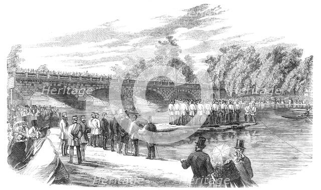 Experiments with Captain Fowke's pontoon bridge on the Serpentine, 1860. Creator: Unknown.