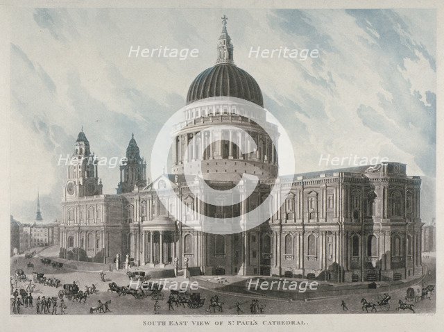 South-east view of St Paul's Cathedral with figures and carriages outside, City of London, 1818. Artist: Daniel Havell