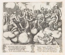 Plate 30: Venus and Cupid pleading their case before Jupiter and other Gods with Mercur..., 1530-60. Creator: Master of the Die.