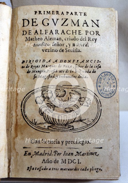 Cover of the first part of the work 'Guzman Alfarache' Mateo Alemán, published in 1601.