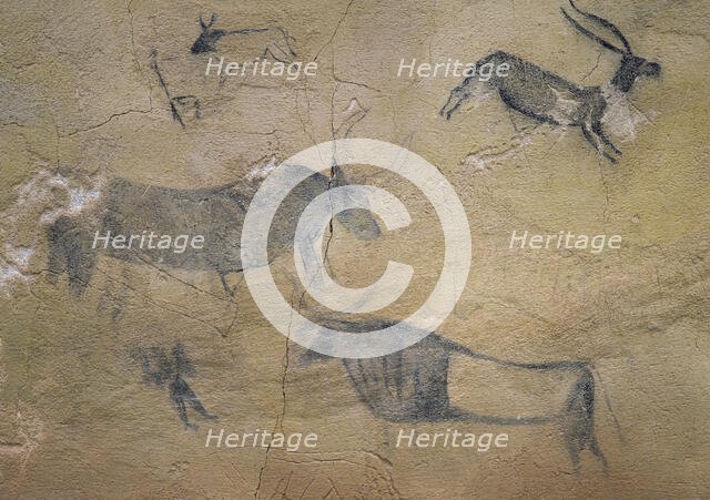 Detail of a large bovine scene, Caves of El Cogul, Lleida, Catalonia, Spain, 1997. Creator: Unknown.